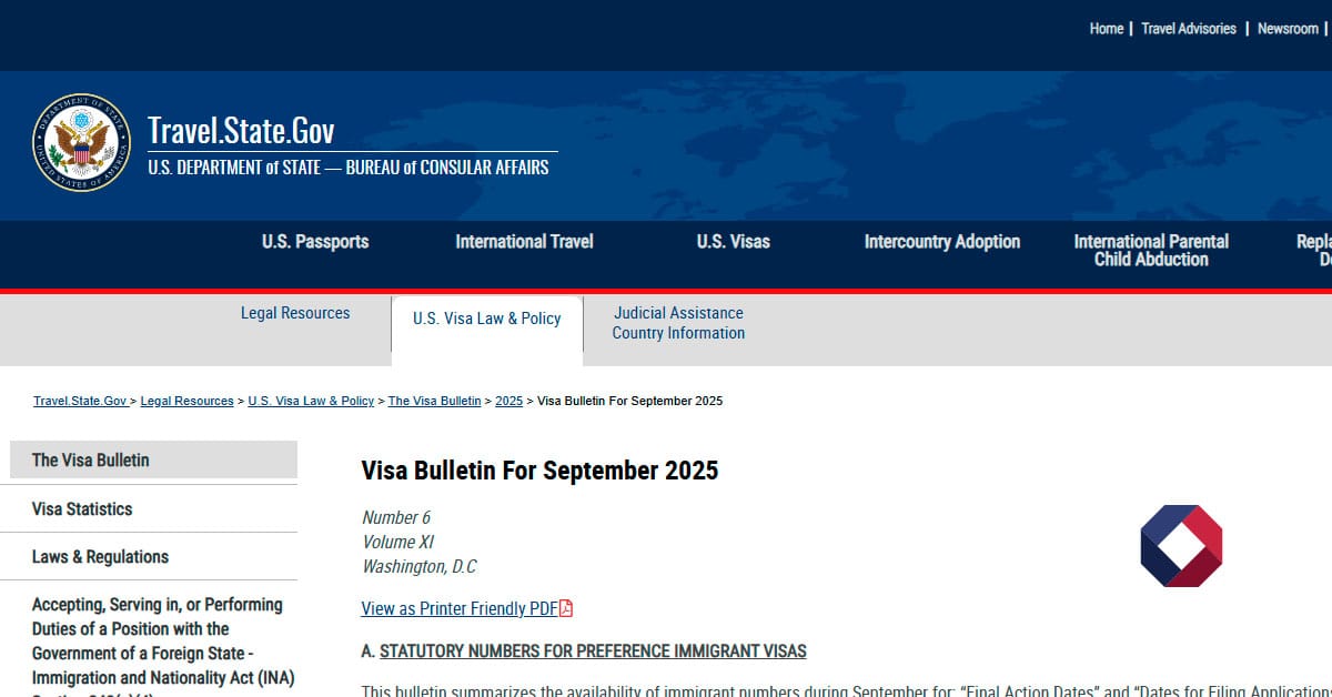 Visa Bulletin setembro 2025